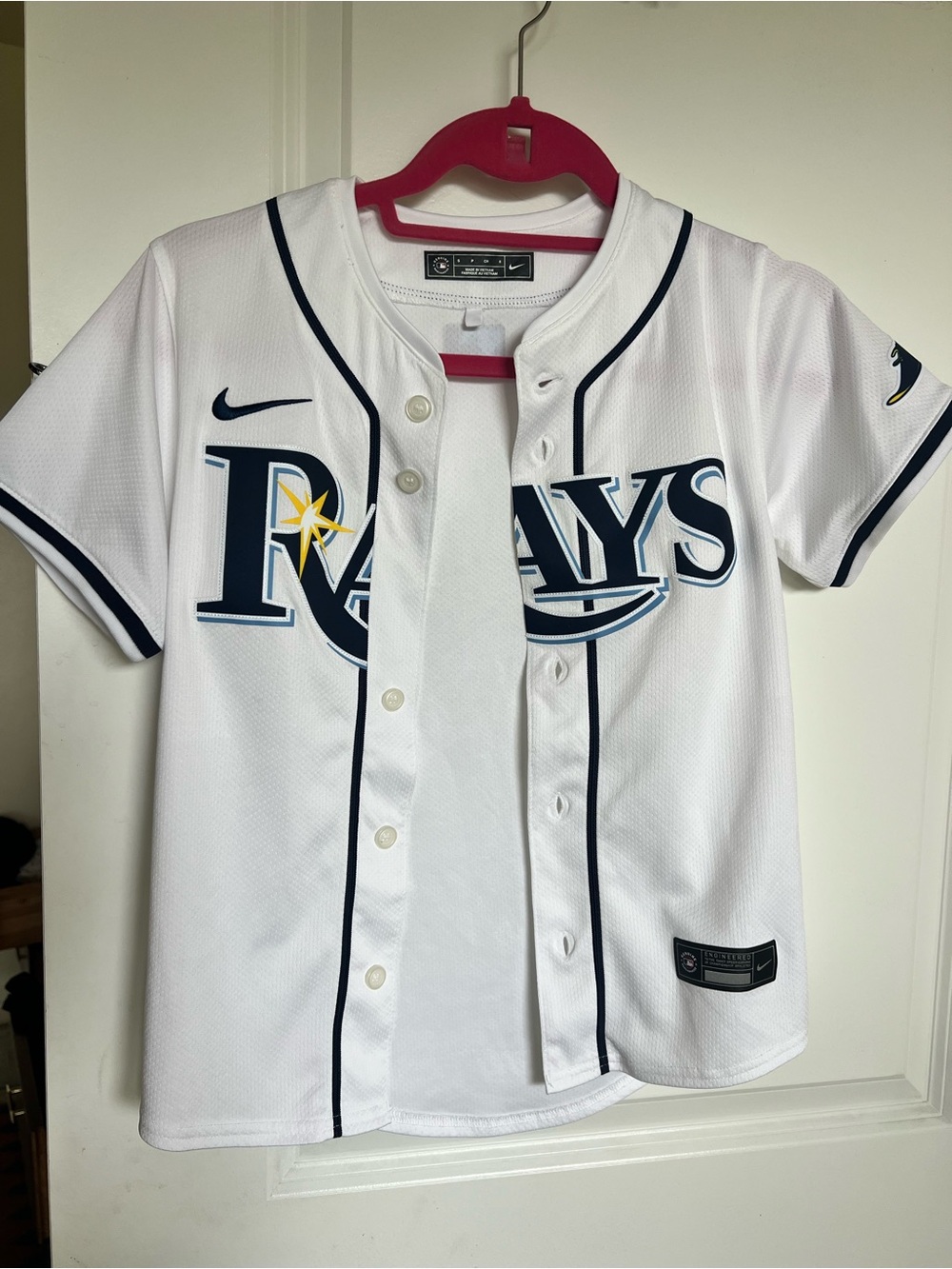 Nike Kids Rays White and Navy Baseball Jersey with Yellow Accent